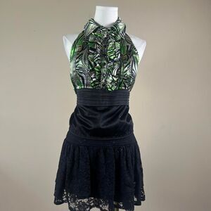 Y2K Green and Black Halter Office Siren Blouse
